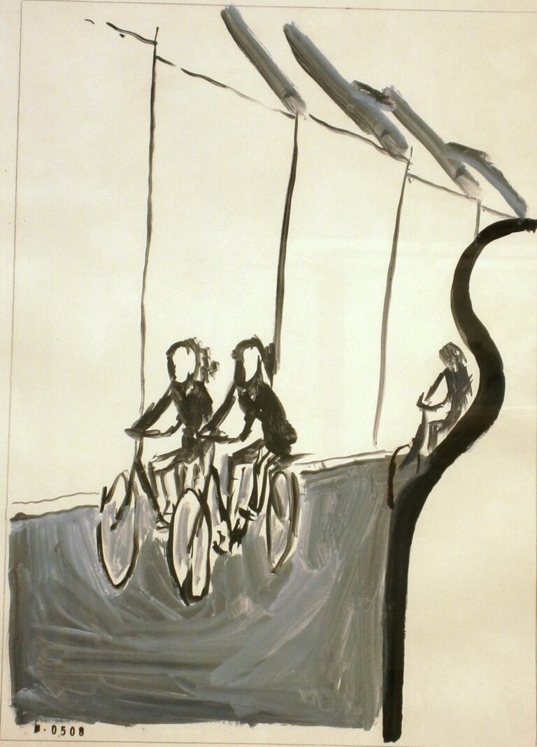Kunst-Peter Six-Fietsende meisjes in de Beenhouwersstraat-Tekening 508-1-10-1987